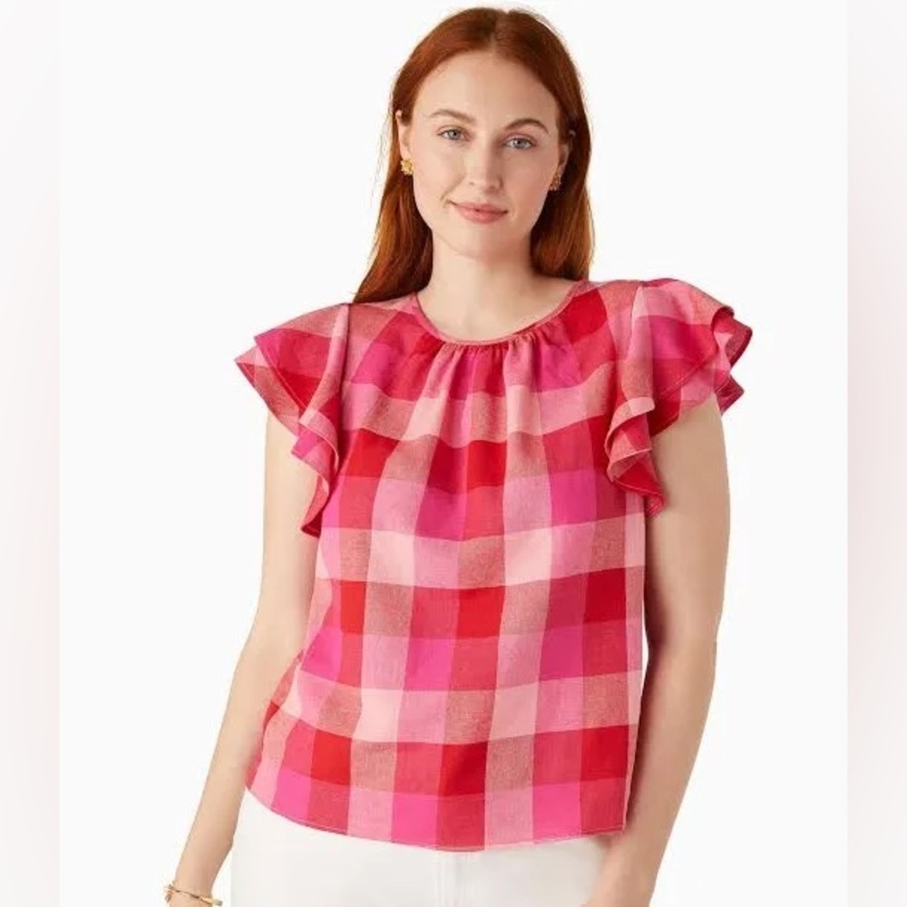 kate spade Pink and Red Plaid Ruffle Sleeve Blouse EUC - Picture 2 of 13